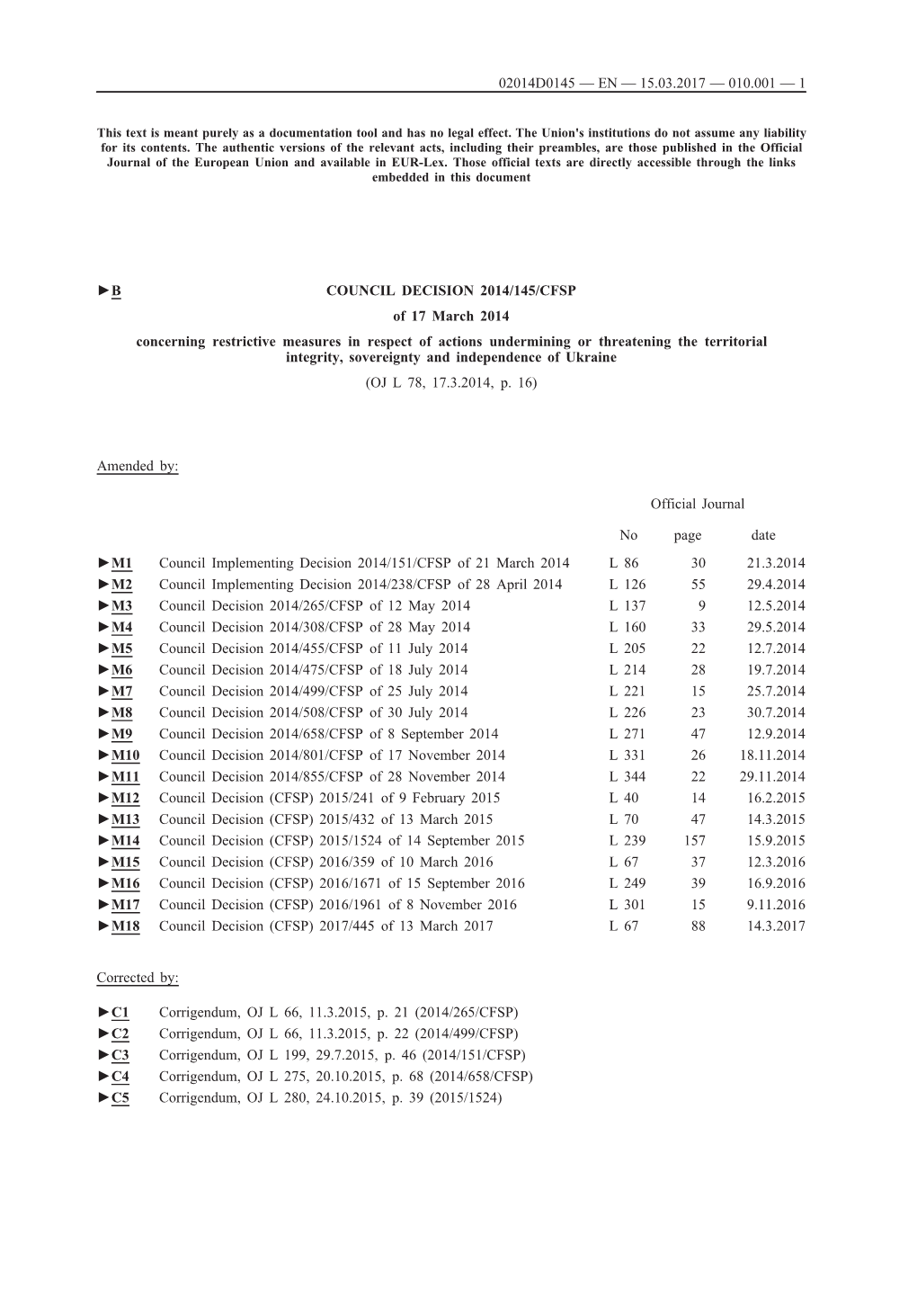 B COUNCIL DECISION 2014/145/CFSP of 17 March