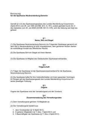 Satzung Für Die Sparkasse Neubrandenburg-Demmin