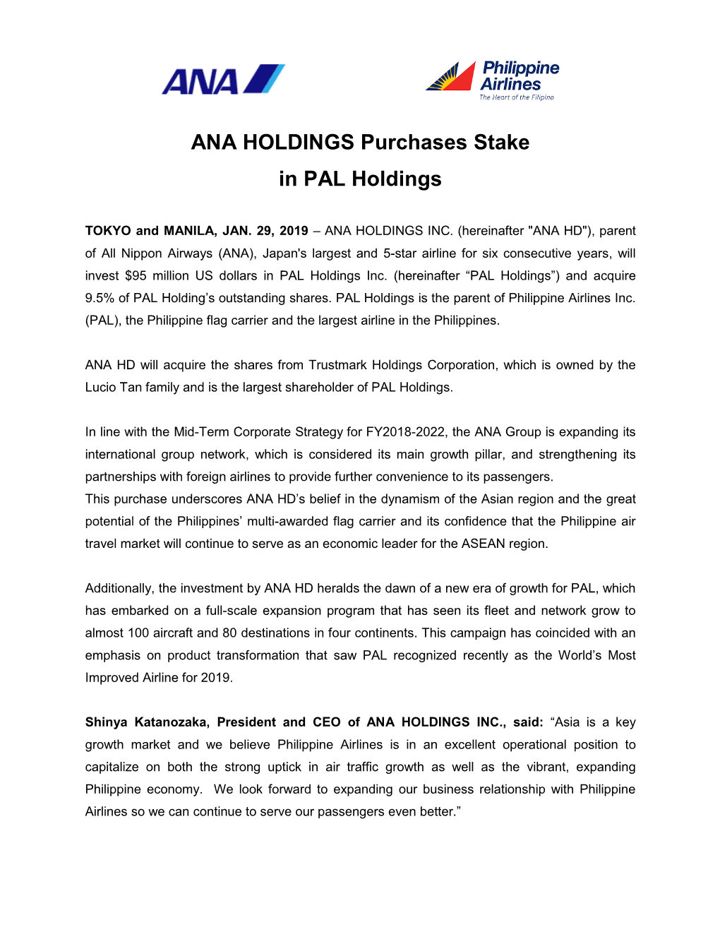ANA HOLDINGS Purchases Stake in PAL Holdings