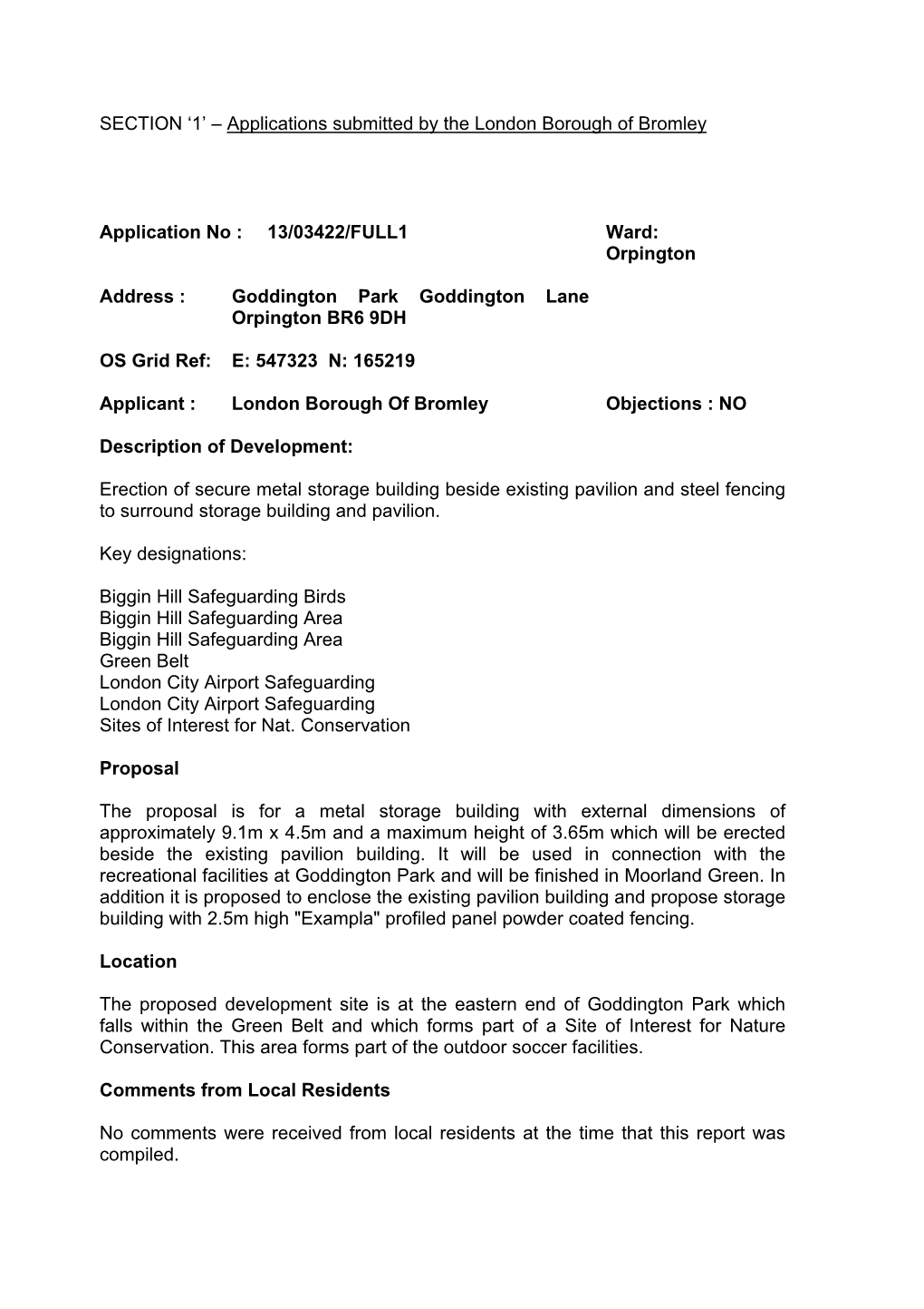 SECTION '1' – Applications Submitted by the London Borough of Bromley