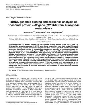 Cdna, Genomic Cloning and Sequence Analysis of Ribosomal Protein S4X Gene ( RPS4X ) from Ailuropoda Melanoleuca