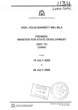 HON. COLIN BARNETT Mec MLA MINISTER for STATE DEVELOPMENT CHINA 26 JULY 2009