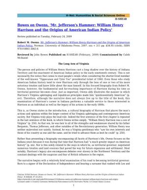 'Mr. Jefferson's Hammer: William Henry Harrison and the Origins of American Indian Policy'