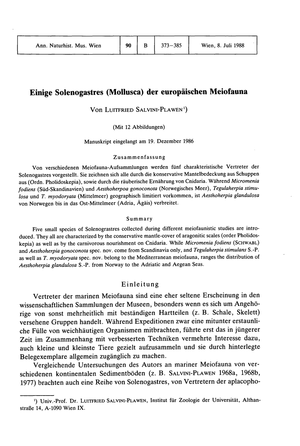 Einige Solenogastres (Mollusca) Der Europäischen Meiofauna