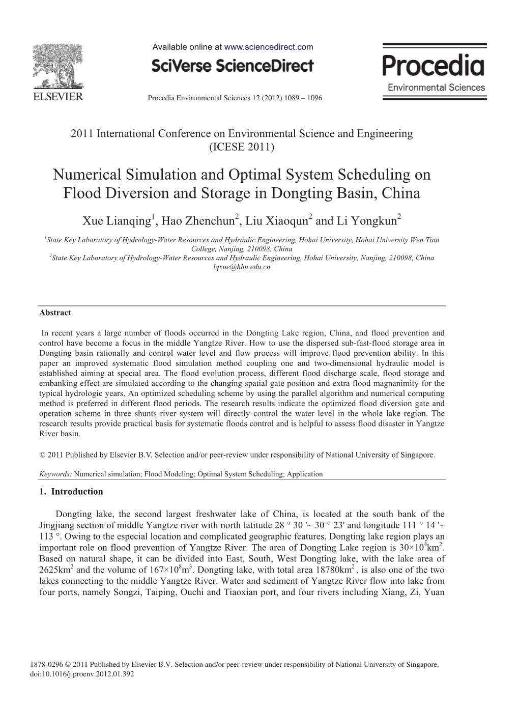 Numerical Simulation and Optimal System Scheduling on Flood Diversion and Storage in Dongting Basin, China