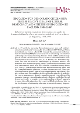 Education for Democratic Citizenship: Ernest Simon’S Ideals of Liberal Democracy and Citizenship Education in England, 1934-1944& 1