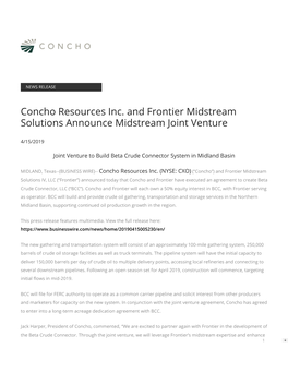 Concho Resources Inc. and Frontier Midstream Solutions Announce Midstream Joint Venture