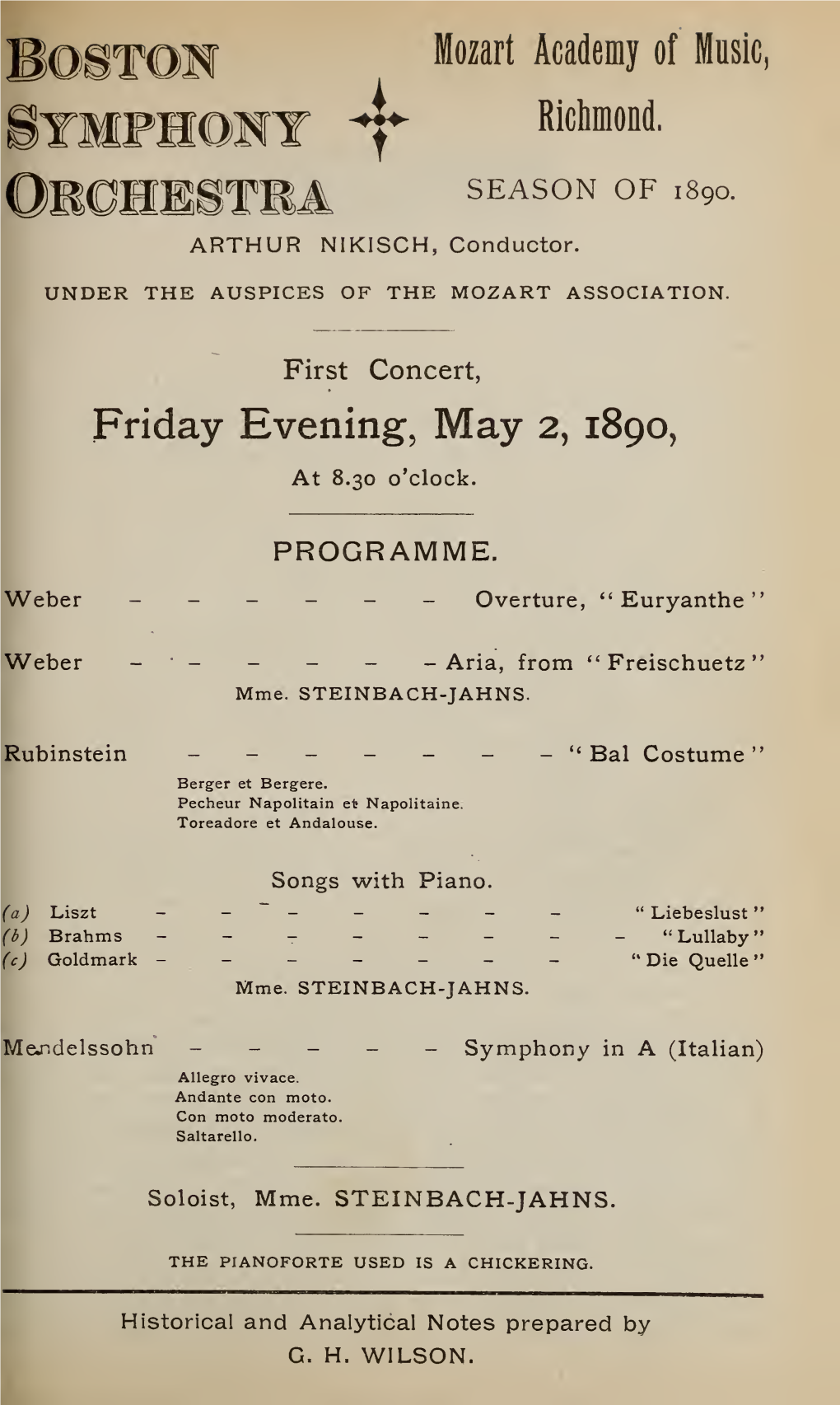 Boston Symphony Orchestra Concert Programs, Season 9, 1889-1890, Trip