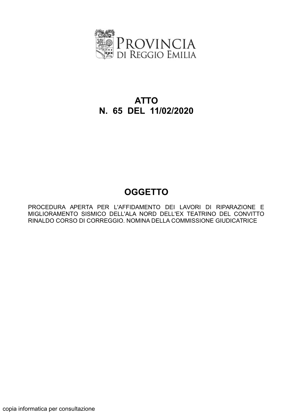Atto N. 65 Del 11/02/2020 Oggetto