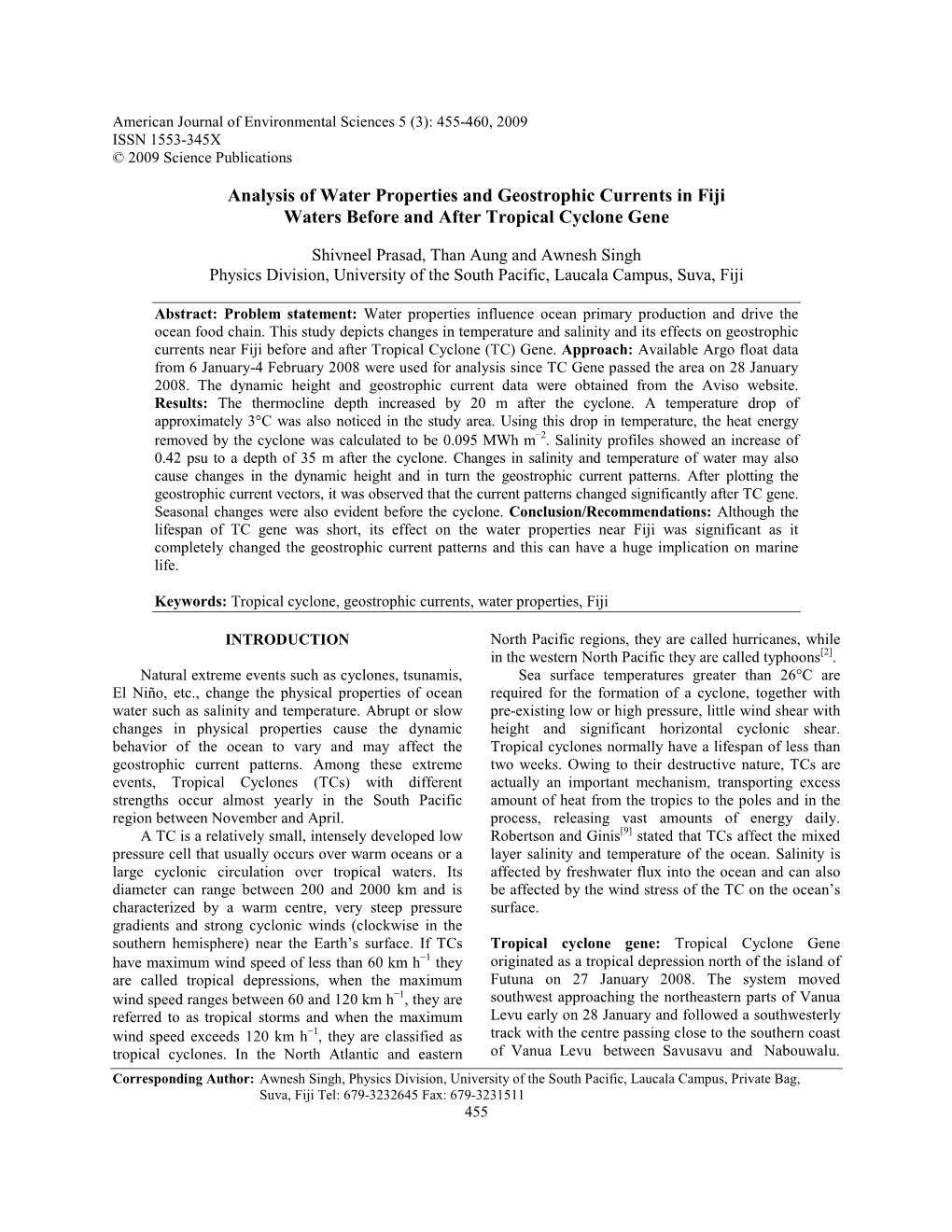 Analysis of Water Properties and Geostrophic Currents in Fiji Waters Before and After Tropical Cyclone Gene