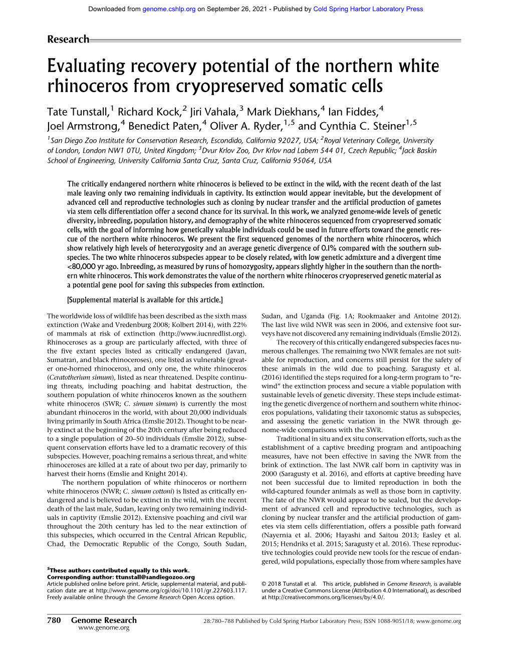 Evaluating Recovery Potential of the Northern White Rhinoceros from Cryopreserved Somatic Cells