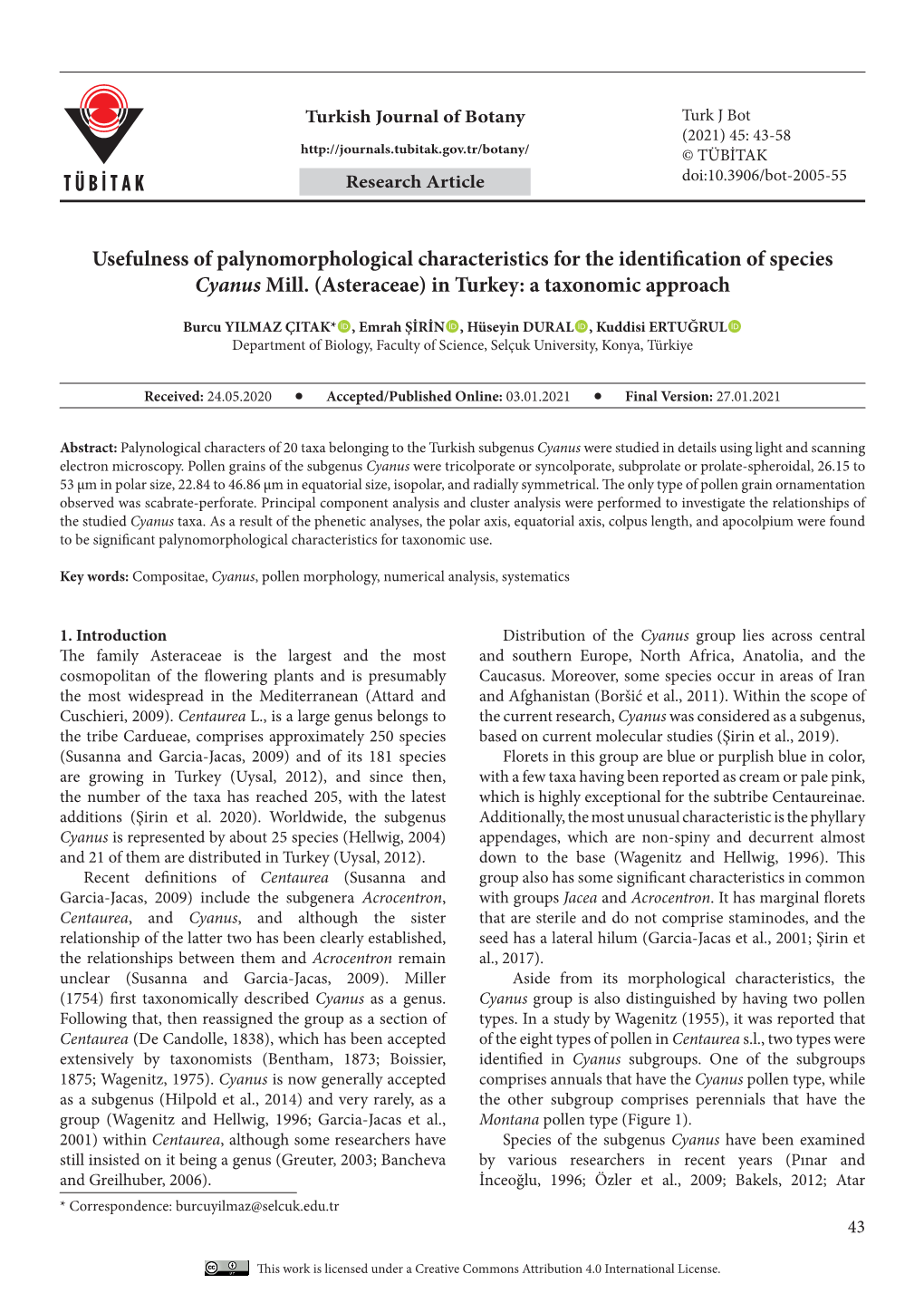 Usefulness of Palynomorphological Characteristics for the Identification of Species Cyanus Mill