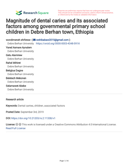 Magnitude of Dental Caries and Its Associated Factors Among