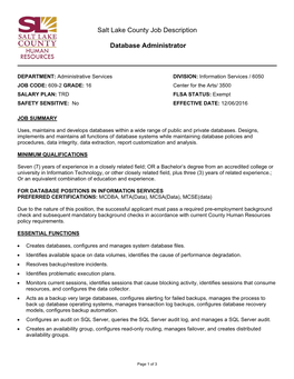 Salt Lake County Job Description Database Administrator