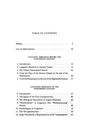 TABLE of CONTENTS Preface 5 List of Abbreviations 10 L Introduction 13 2. Linguistic Research in Ancient Greece 15 3. the Indian