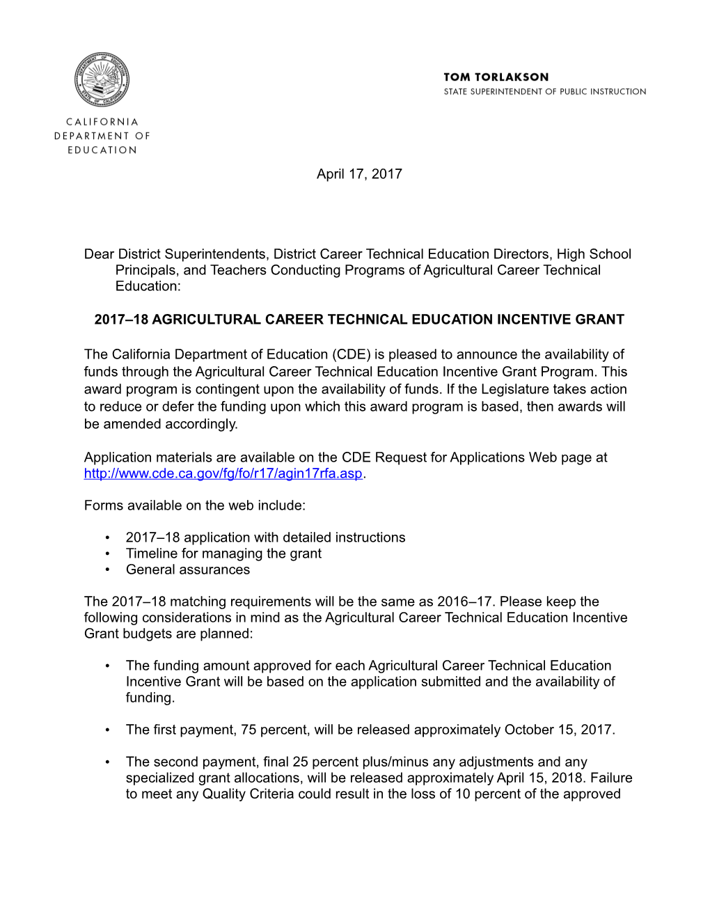 Ltr-17: Ag Career Tech Incentive Grant (CA Dept of Education)