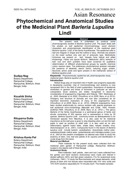 Phytochemical and Anatomical Studies of the Medicinal Plant Barleria Lupulina Lindl