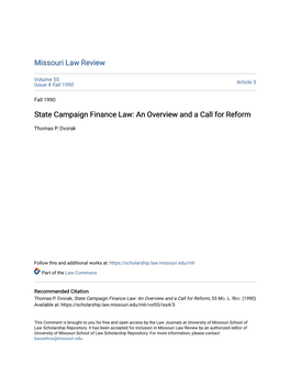 State Campaign Finance Law: an Overview and a Call for Reform