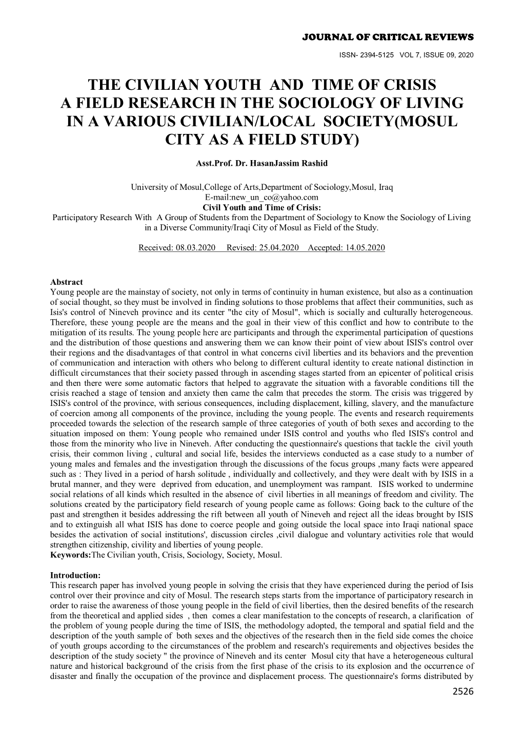 The Civilian Youth and Time of Crisis a Field Research in the Sociology of Living in a Various Civilian/Local Society(Mosul City As a Field Study)