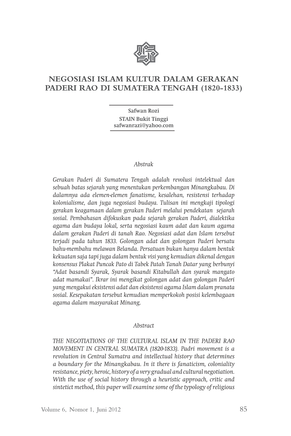 Negosiasi Islam Kultur Dalam Gerakan Paderi Rao Di Sumatera Tengah (1820-1833)