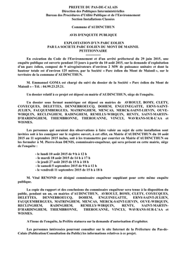 PREFETE DU PAS-DE-CALAIS Direction Des Politiques Interministérielles Bureau Des Procédures D'utilité Publique Et De L’Environnement Section Installations Classées