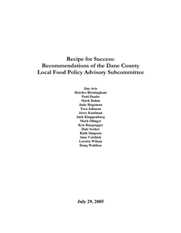 Recipe for Success: Recommendations of the Dane County Local Food Policy Advisory Subcommittee