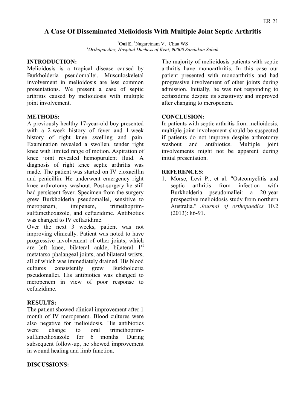 A Case of Disseminated Melioidosis with Multiple Joint Septic Arthritis