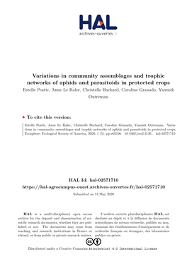 Variations in Community Assemblages and Trophic Networks of Aphids And