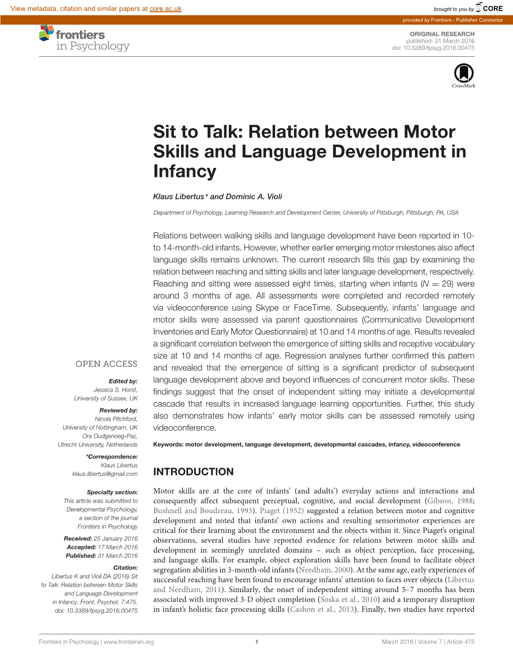 Relation Between Motor Skills and Language Development in Infancy