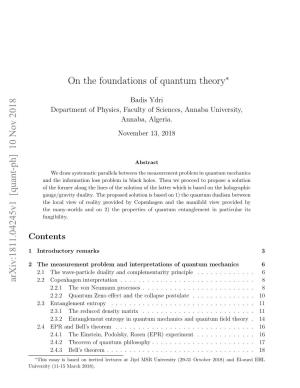 On the Foundations of Quantum Theory Arxiv:1811.04245V1 [Quant-Ph]