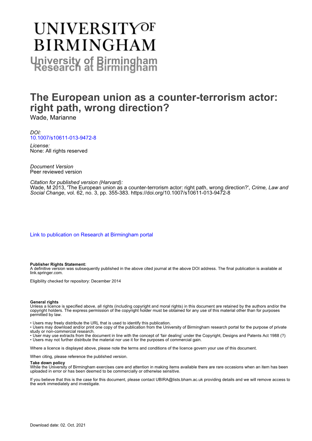 University of Birmingham the European Union As a Counter-Terrorism Actor