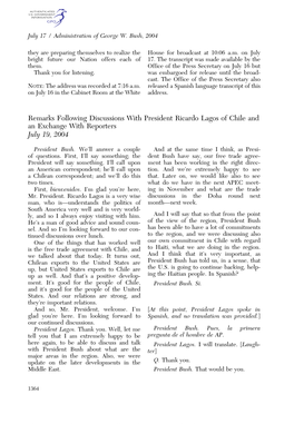 Remarks Following Discussions with President Ricardo Lagos of Chile and an Exchange with Reporters July 19, 2004