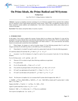 On Prime Ideals, the Prime Radical and M-Systems Prabhjot Kaur Asst