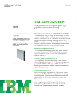 IBM Bladecenter HS23 Next-Generation Two-Socket System Optimized for Performance and Scalable Networking