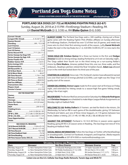 PORTLAND SEA DOGS (57-73) at READING FIGHTIN PHILS (62-67) Sunday, August 26, 2018 at 2:15 PM • Firstenergy Stadium • Reading, PA LH Daniel Mcgrath (2-3, 3.59) Vs