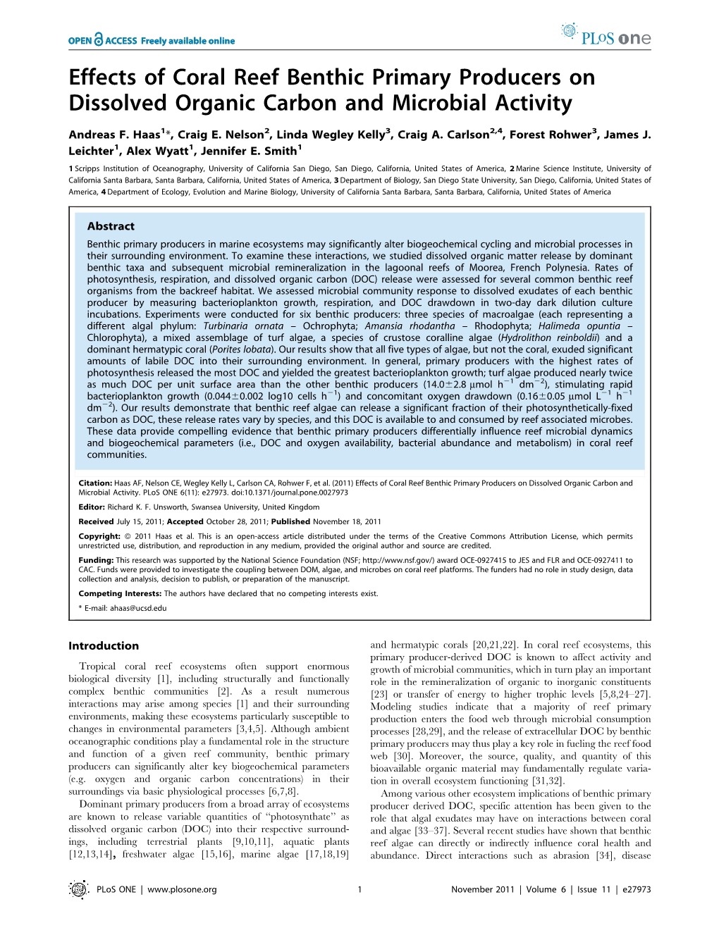 Effects of Coral Reef Benthic Primary Producers on Dissolved Organic Carbon and Microbial Activity