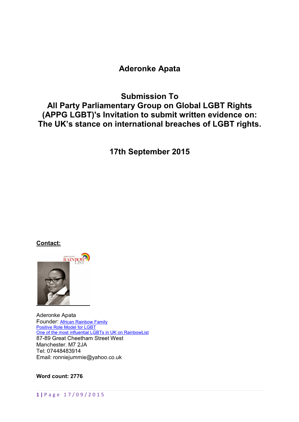 Aderonke Apata Submission to All Party Parliamentary Group On