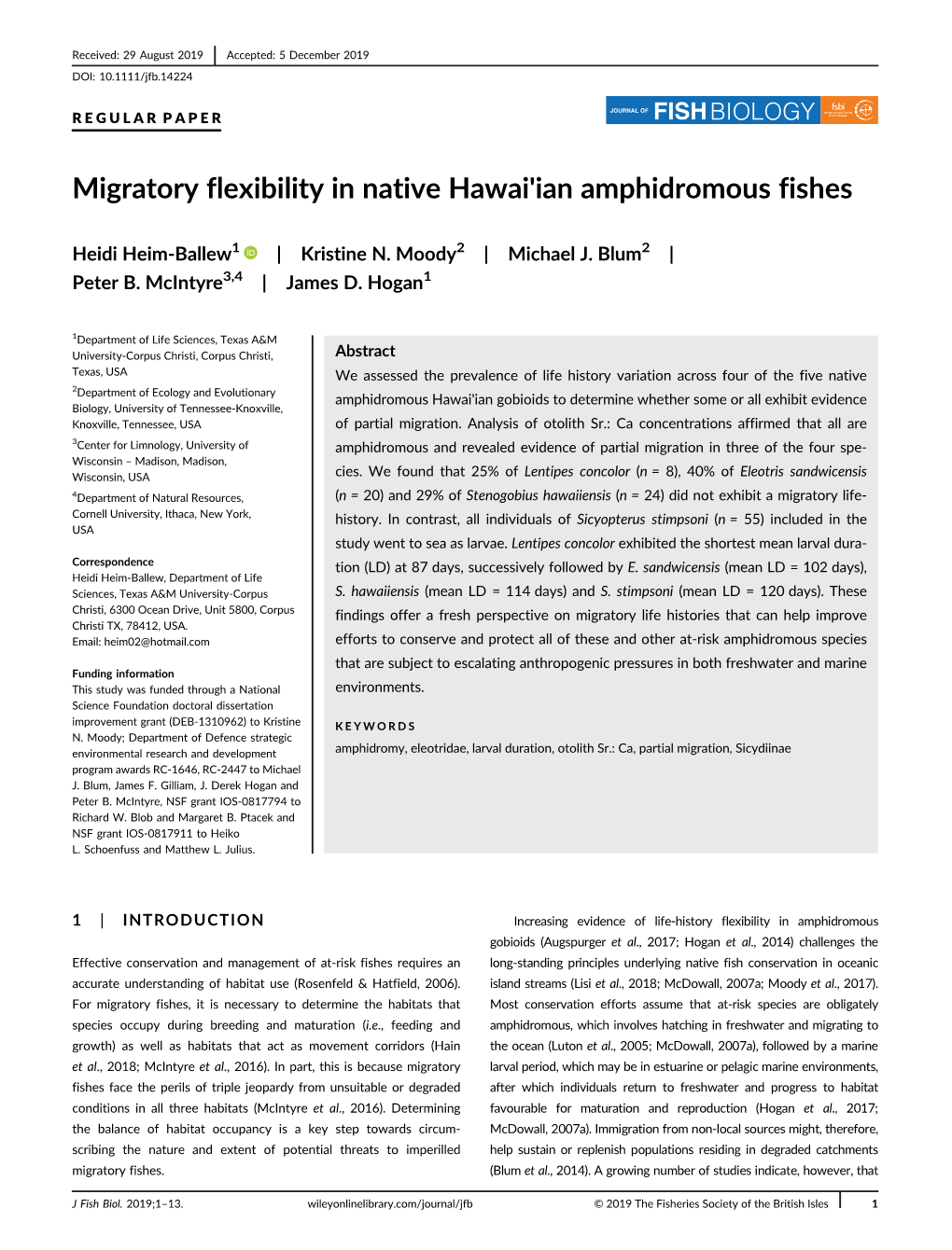 Migratory Flexibility in Native Hawai'ian Amphidromous Fishes