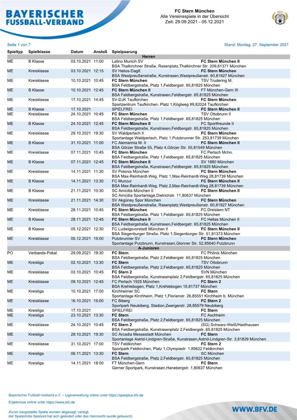 FC Stern München Alle Vereinsspiele in Der Übersicht Zeit: 29.09.2021 - 05.12.2021