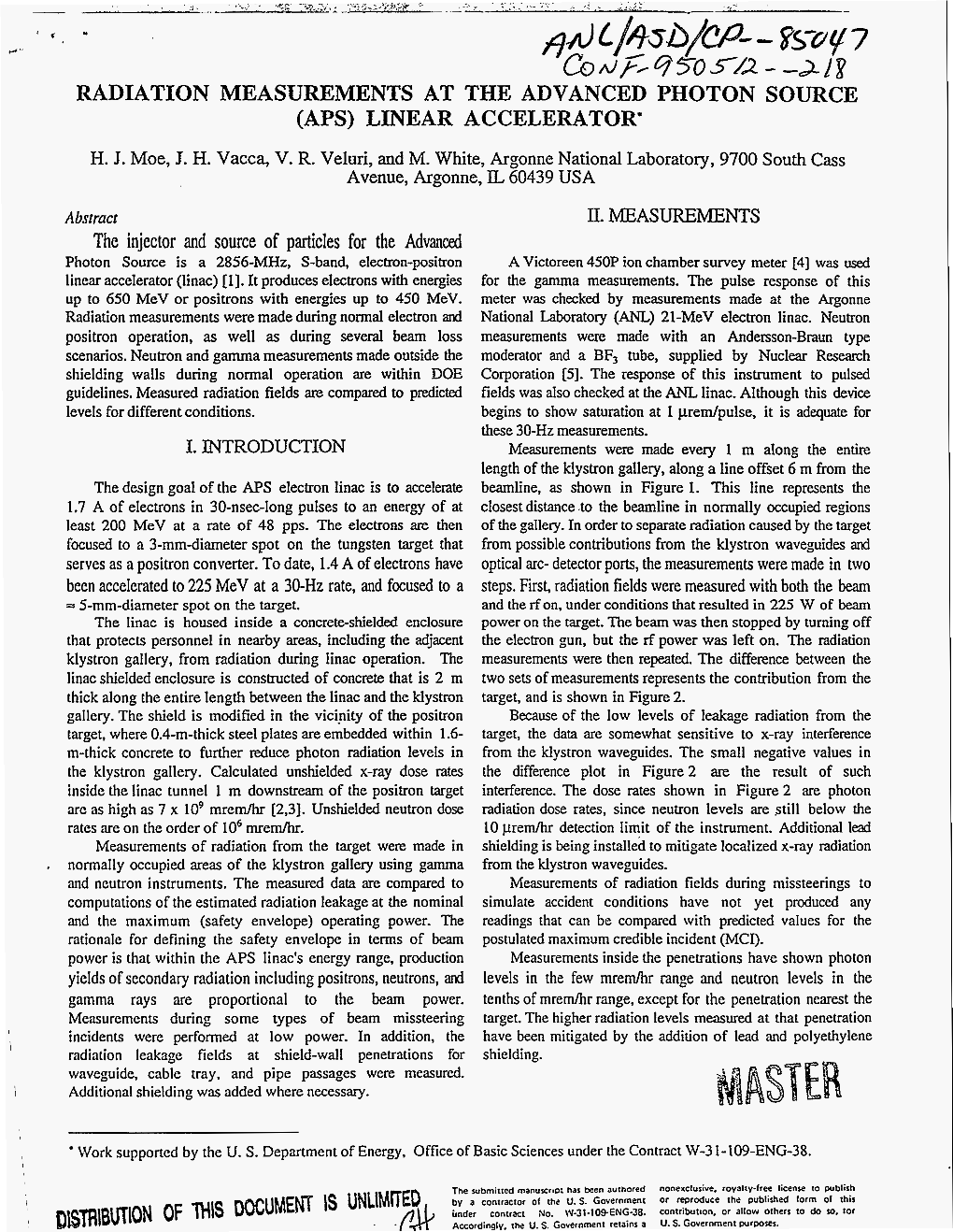 Radiation Measurements at the Advanced Photon Source (Aps) Linear Accelerator