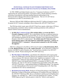 Potential Conflicts of Interest Between Ect Researchers, Ect Device Manufacturers, Fda/Nimh