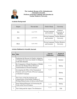 The Academic Resume of Dr. Gholamhossein Gholamhosseinzadeh