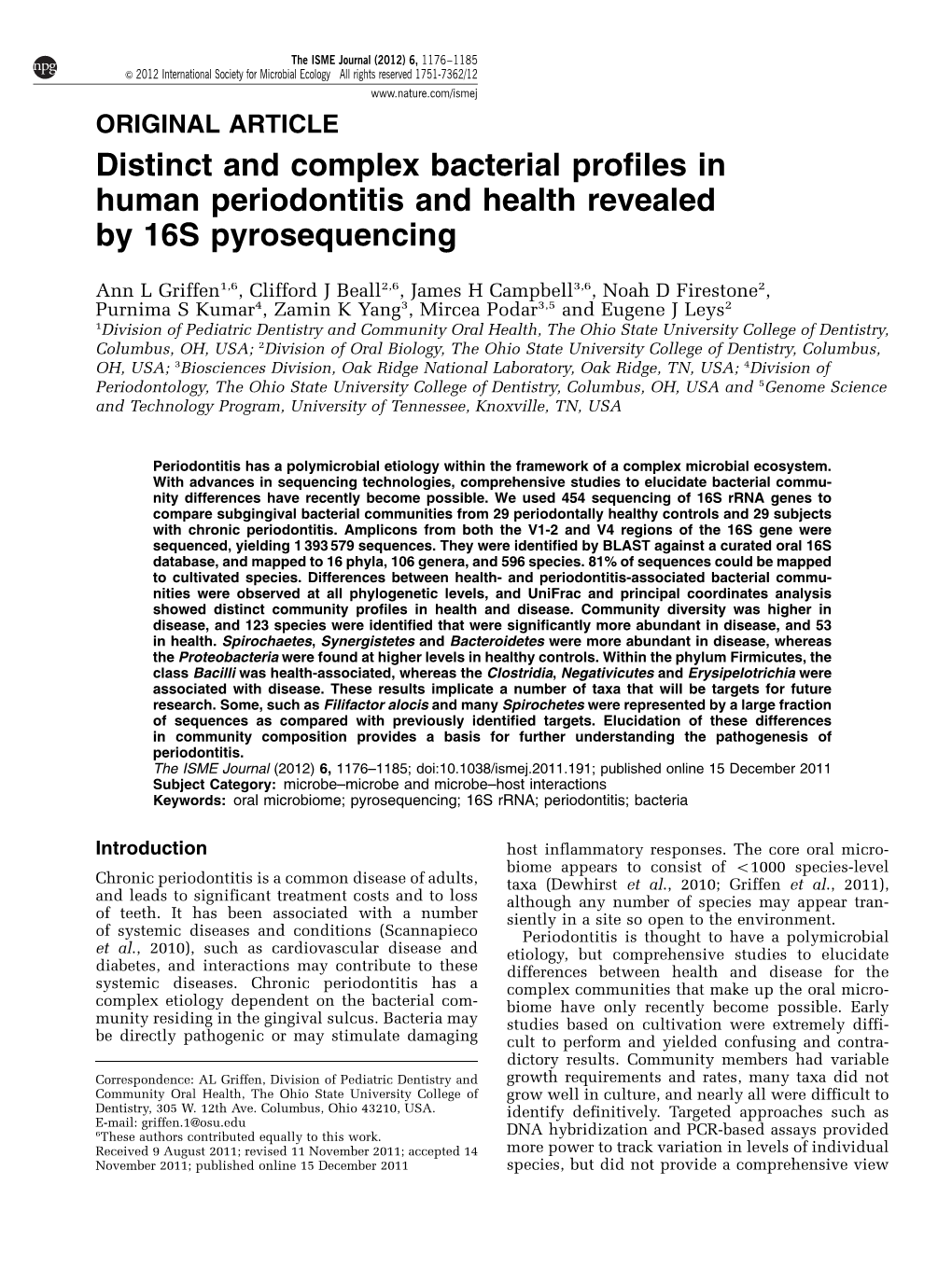 Distinct and Complex Bacterial Profiles in Human Periodontitis and Health Revealed by 16S Pyrosequencing