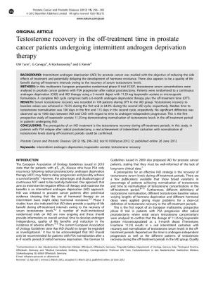 Testosterone Recovery in the Off-Treatment Time in Prostate Cancer Patients Undergoing Intermittent Androgen Deprivation Therapy