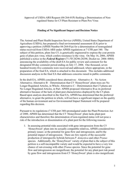 (04-264-01P) Seeking a Determination of Non- Regulated Status for C5 Plum Resistant to Plum Pox Virus