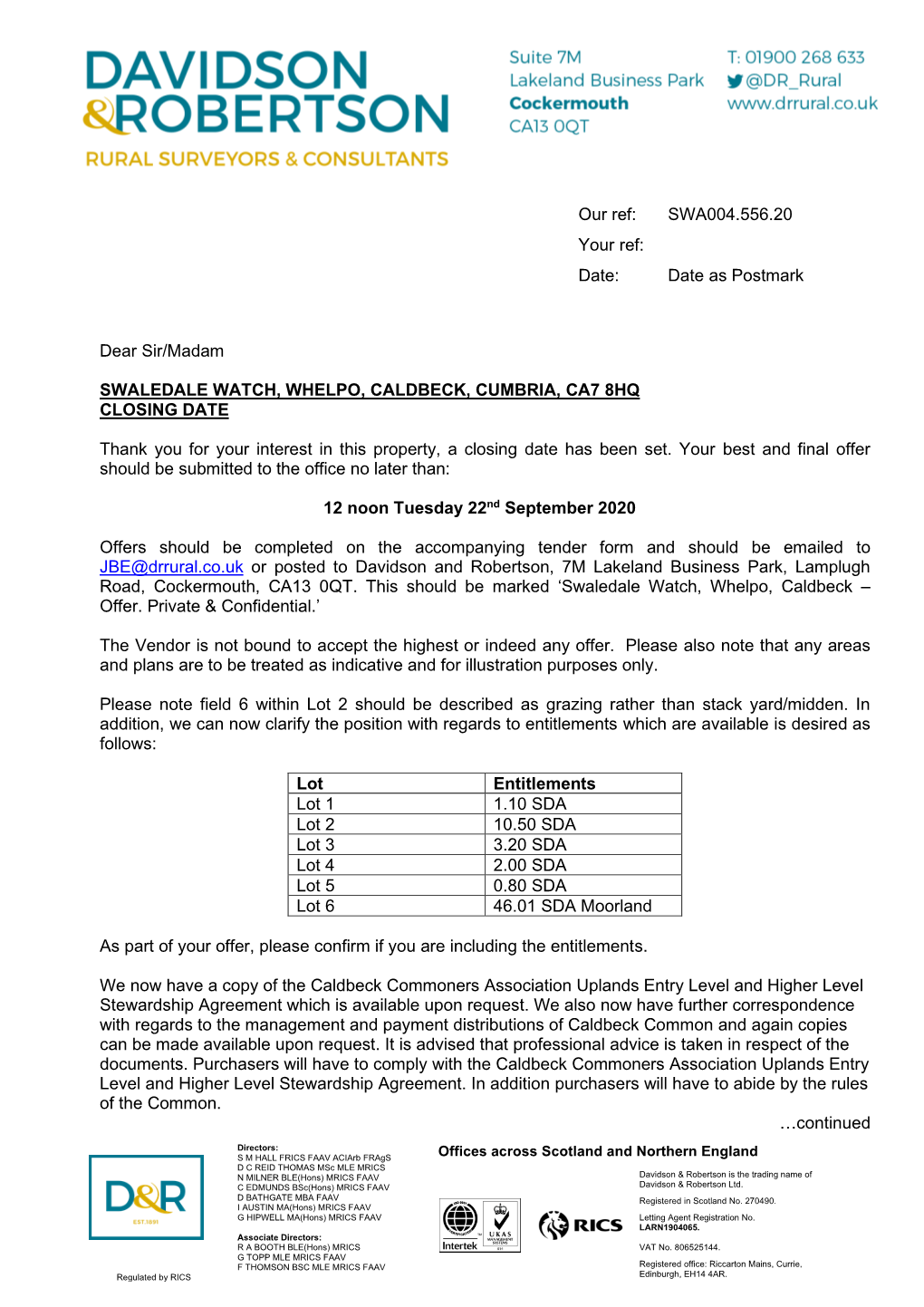 Dear Sir/Madam SWALEDALE WATCH, WHELPO, CALDBECK