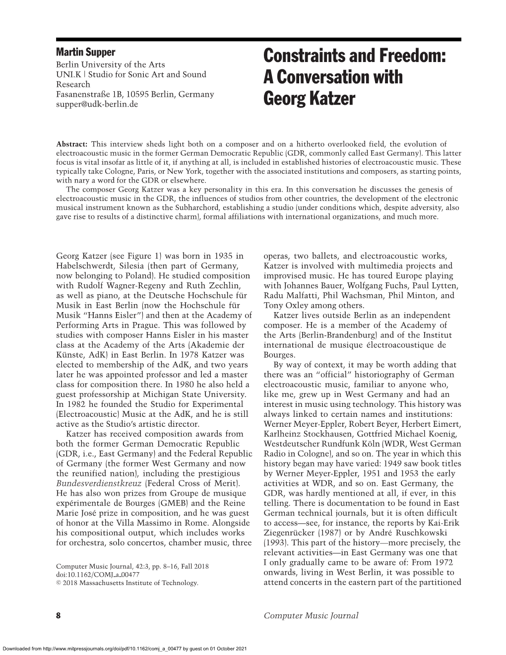 Constraints and Freedom: a Conversation with Georg Katzer
