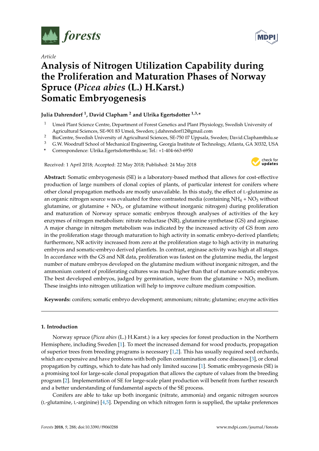 Analysis of Nitrogen Utilization Capability During the Proliferation and Maturation Phases of Norway Spruce (Picea Abies (L.) H.Karst.) Somatic Embryogenesis