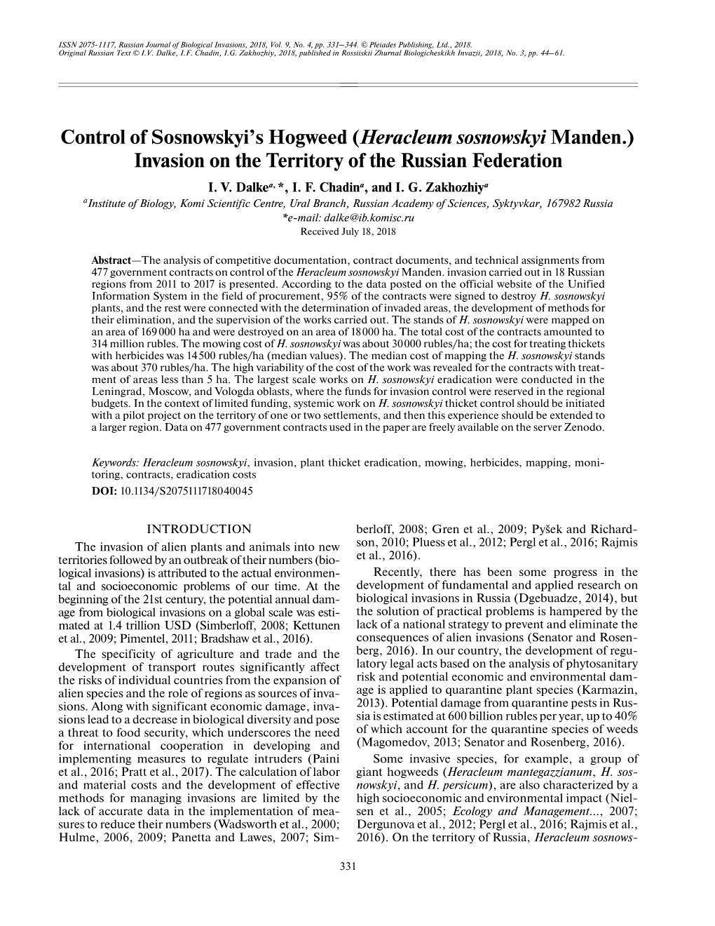 Control of Sosnowskyi's Hogweed (Heracleum Sosnowskyi Manden.) Invasion on the Territory of the Russian Federation