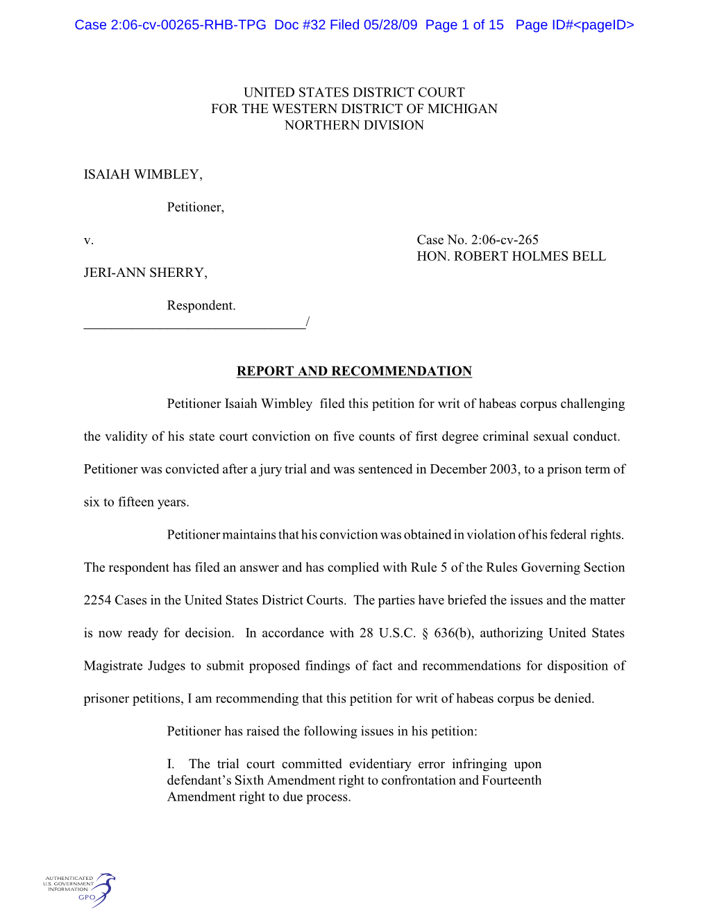 Case 2:06-Cv-00265-RHB-TPG Doc #32 Filed 05/28/09 Page 1 of 15